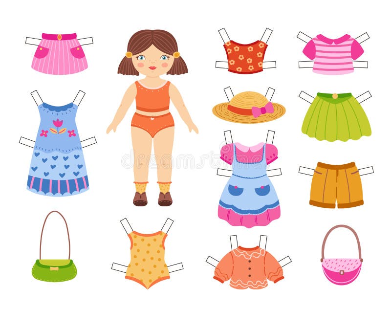 Paper doll fashion clothes set, cute anime girl for dress-up game