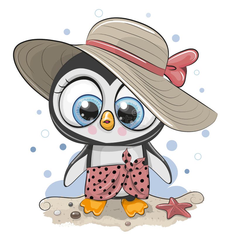 Cartoon Penguin on the beach in a straw hat