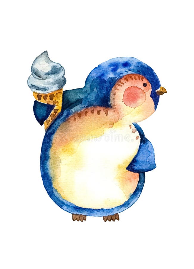 Cartoon penguin with a waffle cone of delicious ice cream is holding in his hand. White background.