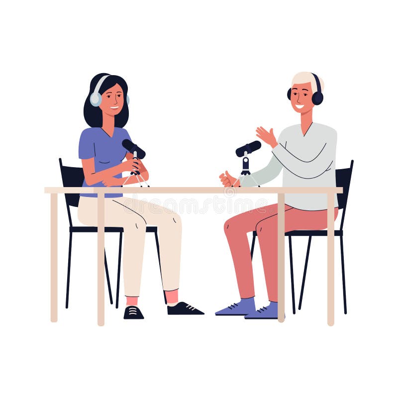 Cartoon people recording a podcast - man and woman with microphone and headphones sitting at table and talking for radio audio broadcast, flat isolated vector illustration. Cartoon people recording a podcast - man and woman with microphone and headphones sitting at table and talking for radio audio broadcast, flat isolated vector illustration.