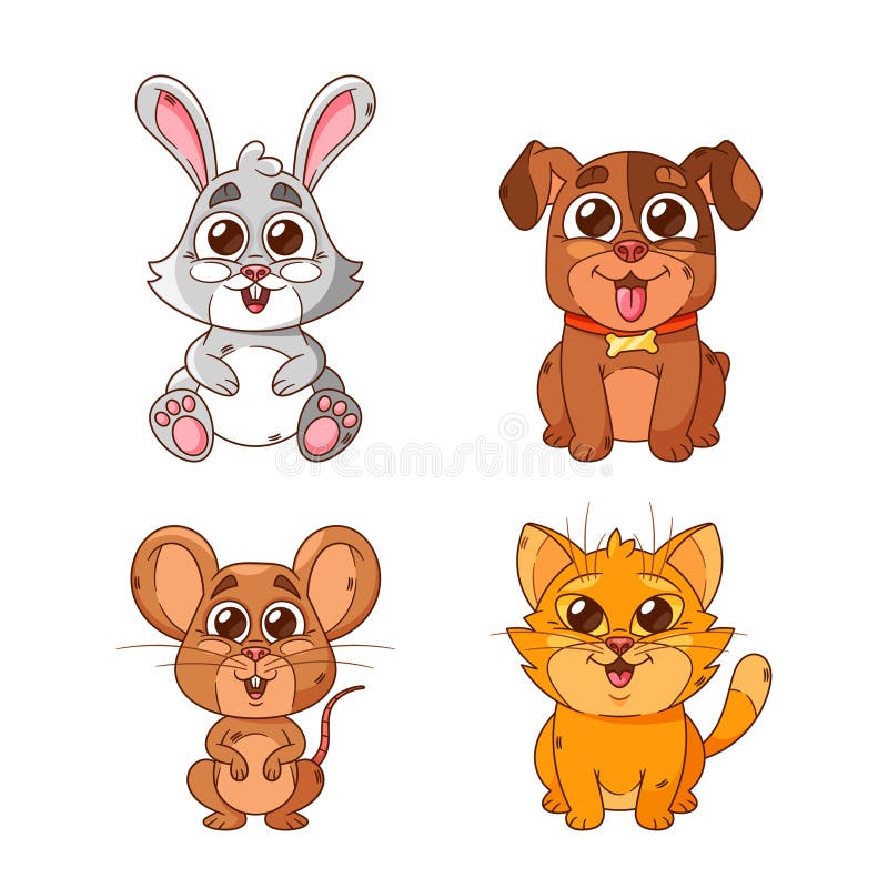 Cartoon Pets, Cat, Dog And Mouse With Bunny Cuddly Adorable Animals, Each With A Unique Charm, Bring Joy And Laughter To Their Playful Animated World Isolated On White Background. Vector Illustration