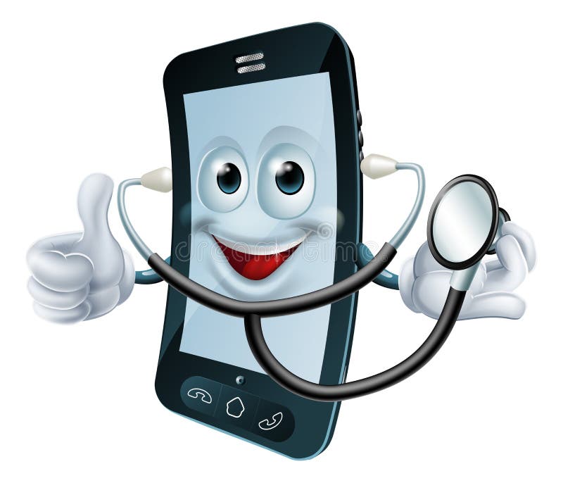 Cartoon phone character holding a stethoscope