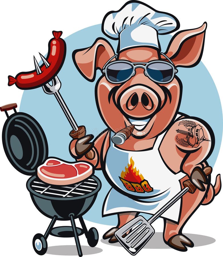 Cartoon pig chef bbq grill cooking