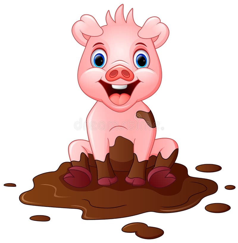 Cartoon pig play in a mud puddle