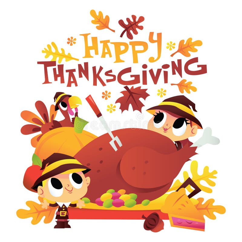 Cartoon Pilgrim Kids Around Turkey Dinner With Happy Thanksgiving Phrase royalty free illustration