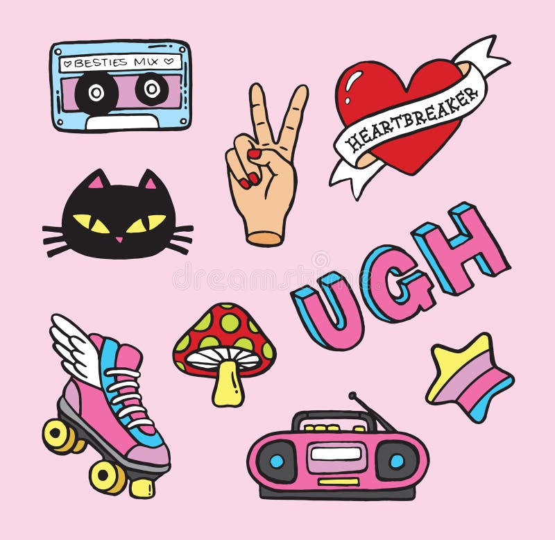 Cartoon stickers or patches set with 90s style design elements. Stock  Vector by ©meowlina_meow 164402814