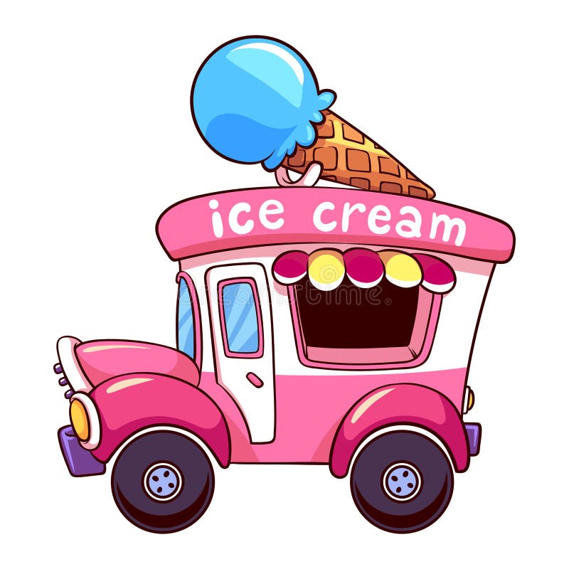  Cartoon  Pink Ice  Cream  Truck On  White Background Stock 