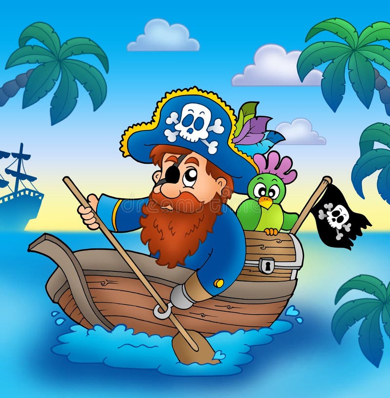 Cartoon Pirate Paddling In Boat Stock Image - Image: 13862251