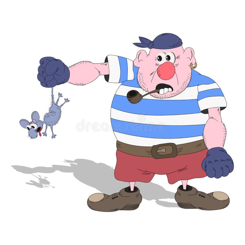 A Cartoon Pirate in a Striped T-shirt, Red Shorts and a Pipe in His Mouth  Holds a Hairy Mouse by the Tail. Isolated on a White Stock Illustration -  Illustration of booze,