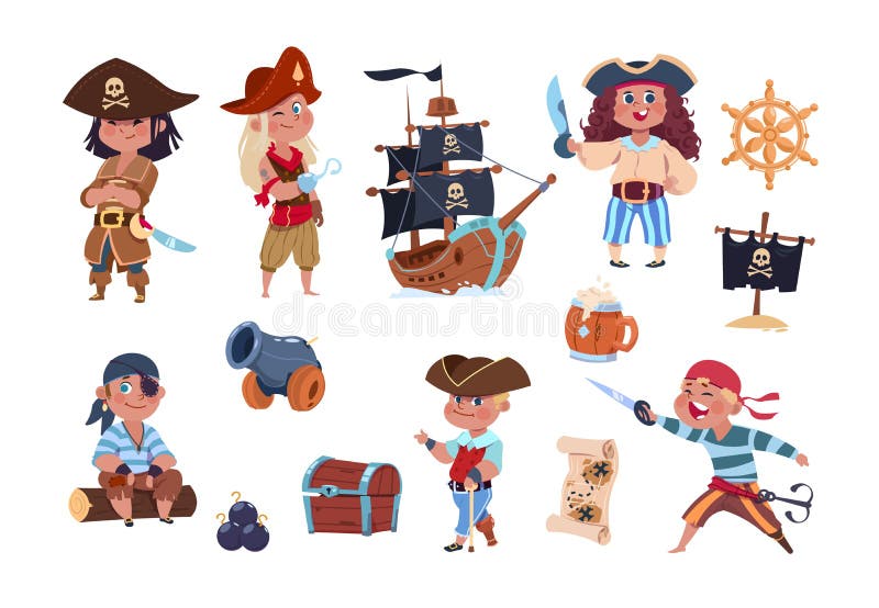 Cartoon pirates. Funny pirate captain and sailor characters, ship treasure map vector collection