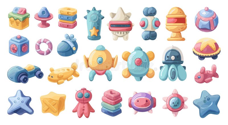 Cartoon Plastic Infant Toys Icon Set. White Background. Very Simple Cartoon Style Colorful Baby Toys Rattles royalty free illustration