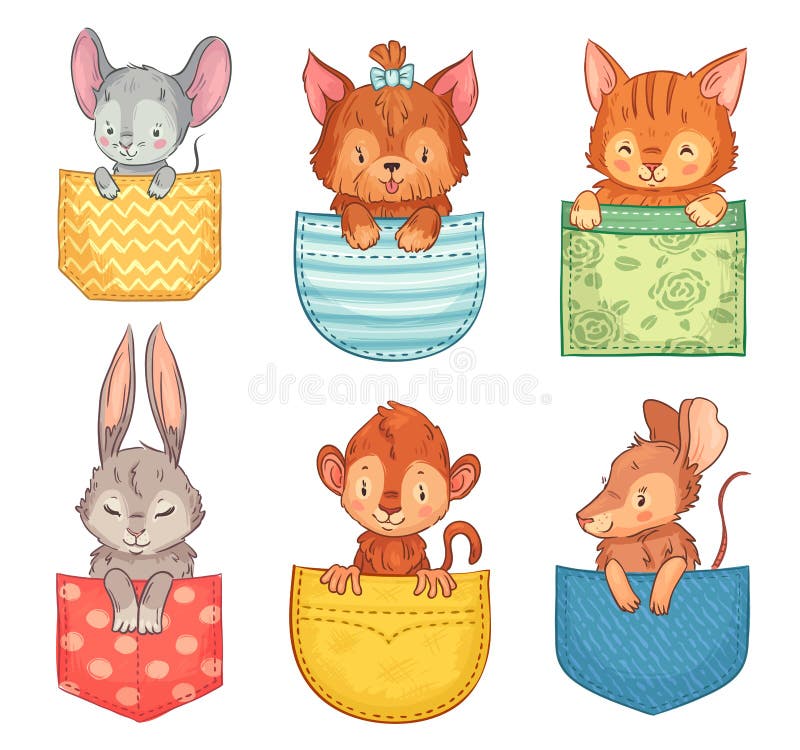 Cartoon pocket animals. Cute dog, funny cat and bunny. Monkey, mouse and rat animal in pockets vector illustration set