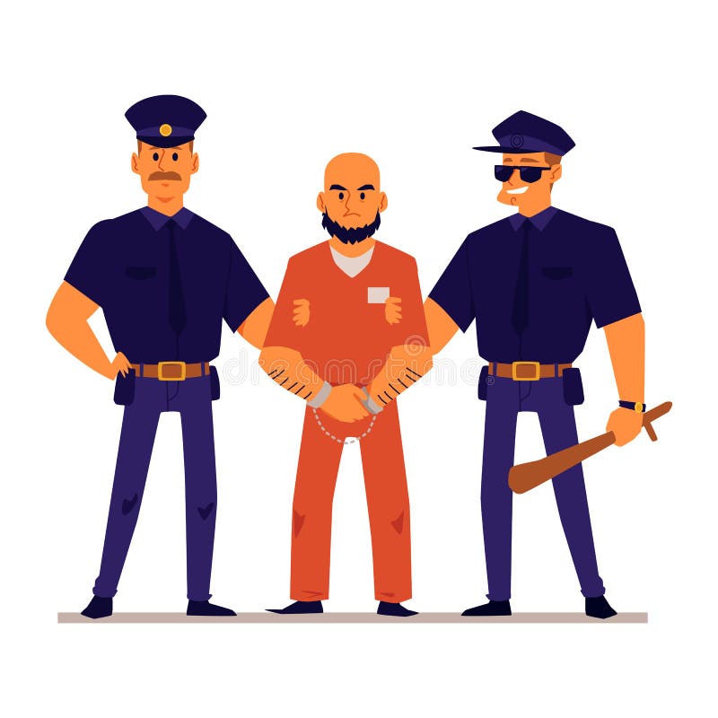 Cartoon policemen holding handcuffed criminal in orange prison uniform. 