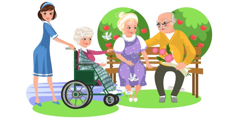 Cartoon Poster of Nurse and Old Lady in Wheelchair Stock Vector -  Illustration of adult, cartoon: 136800472