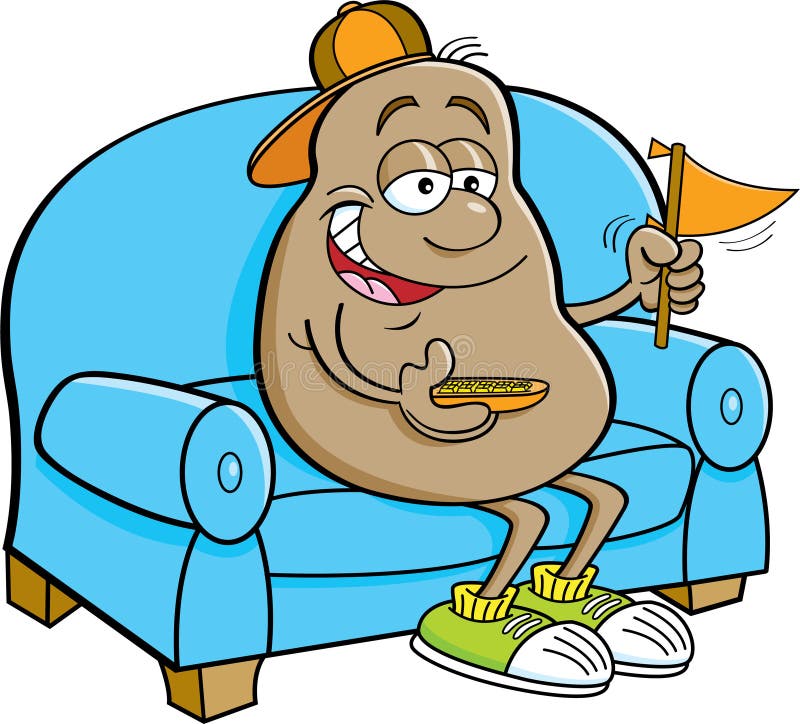 Cartoon Potato Sitting on a Couch and Holding a Pennant. Stock Vector