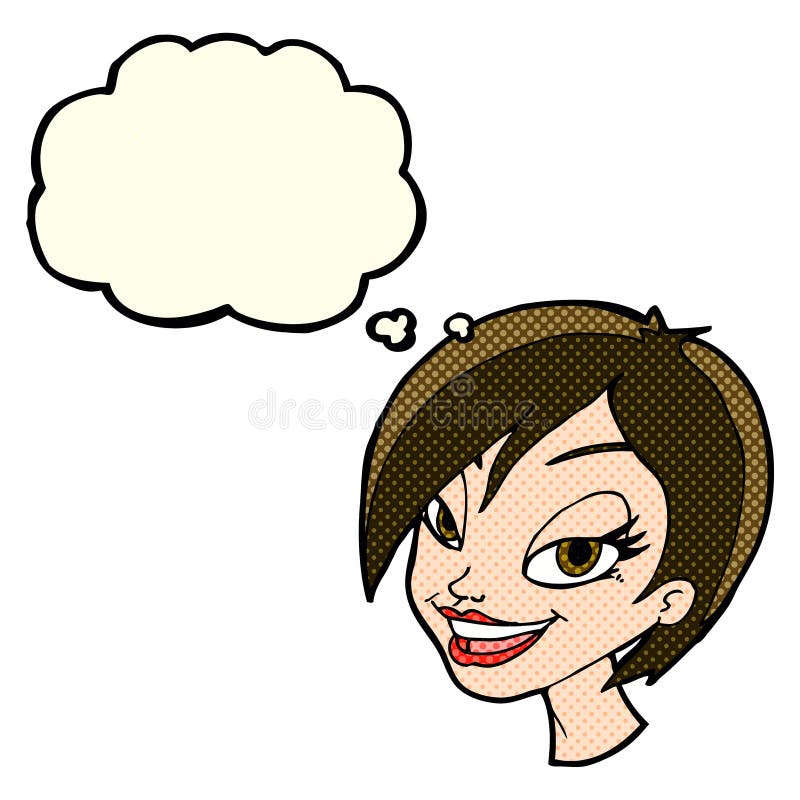 cartoon pretty female face with thought bubble