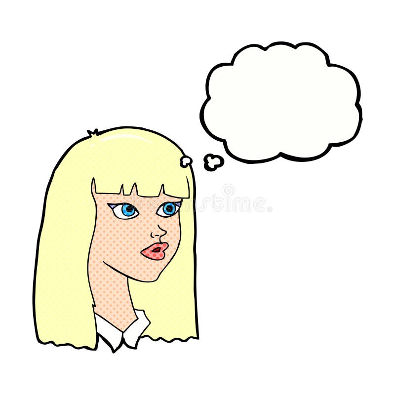 cartoon pretty girl with long hair with thought bubble