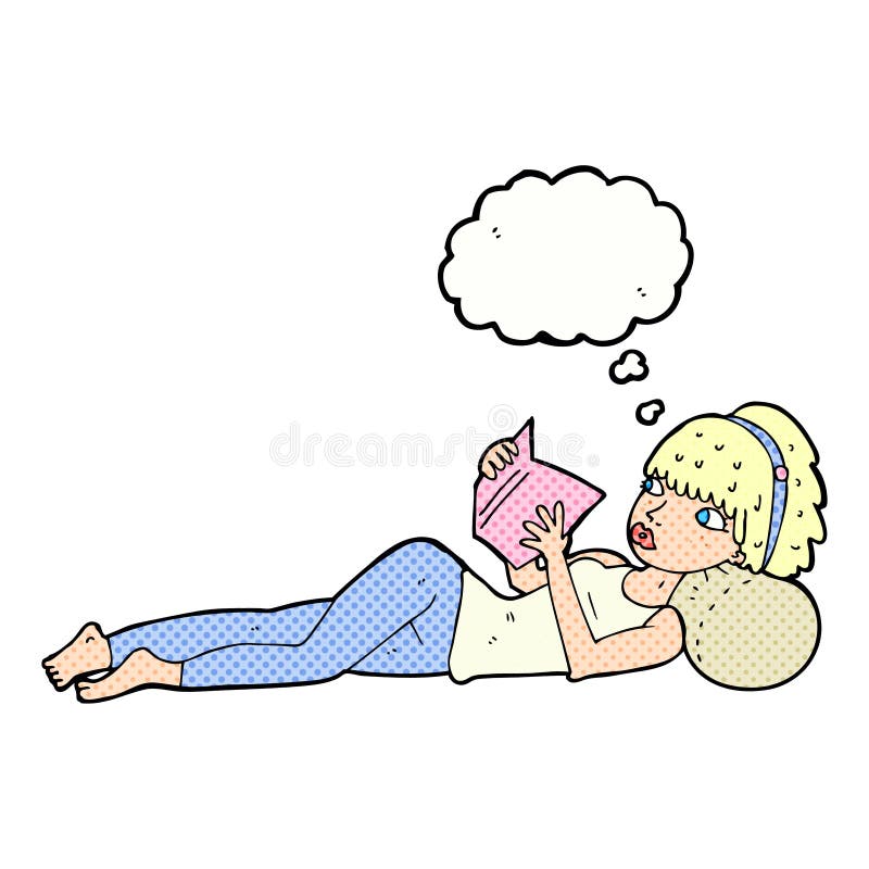 cartoon pretty woman reading book with thought bubble