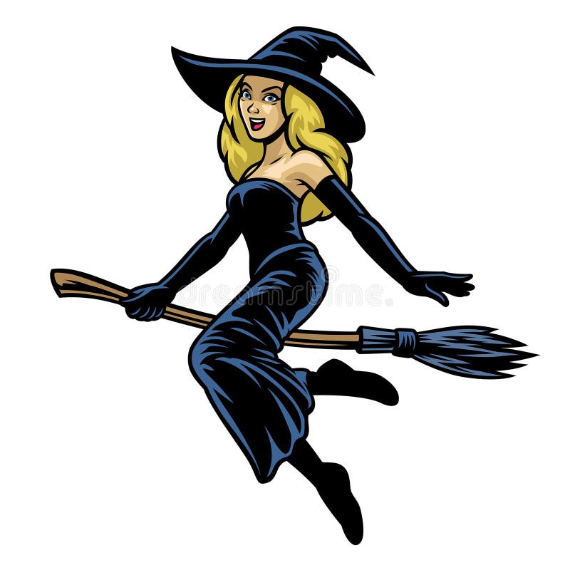 Cartoon pretty women cosplay lady witch riding flying broom. 