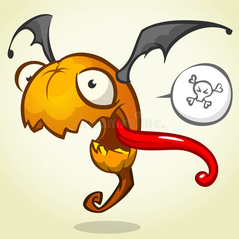 Cartoon pumpkin head with bat wings flying and screaming. Vector Halloween illustration