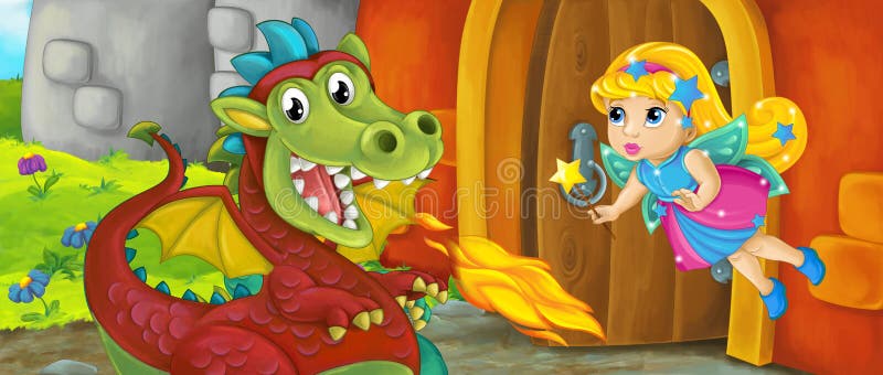 Cartoon Queen and Dragon Near Castle Illustration Stock Illustration -  Illustration of dating, monster: 218687732