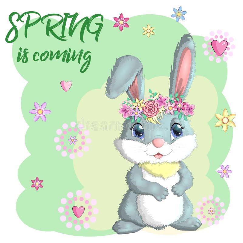 Cartoon Rabbit, Hare with Flowers. Cute Childish Character, Easter ...