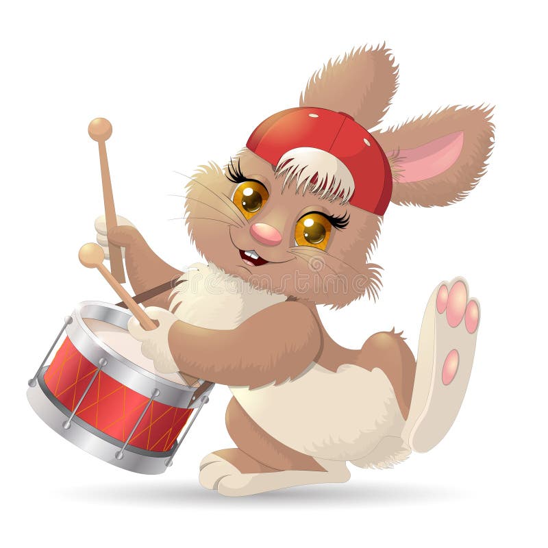 A cheerful rabbit playing on the red drum. A cheerful rabbit playing on the red drum