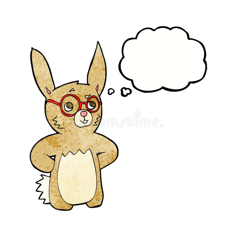 cartoon rabbit wearing spectacles with thought bubble