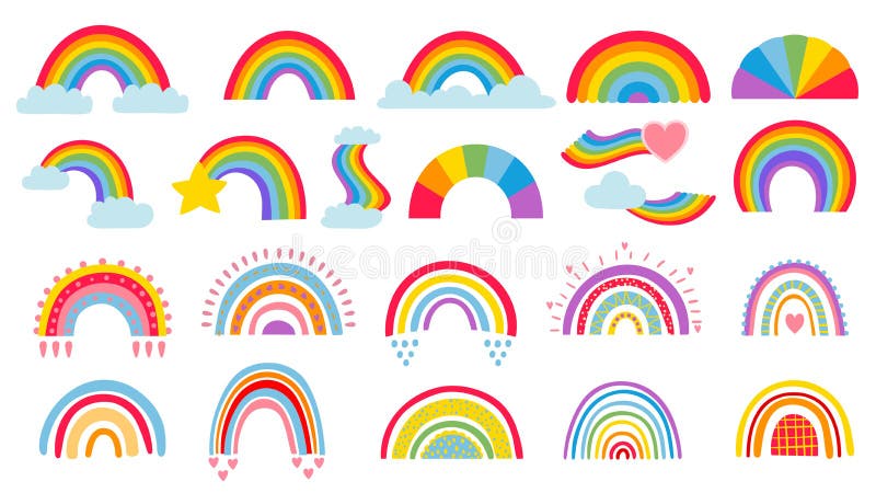 Cartoon rainbow. Colourful rainbows, heart and cloud with rainbow colors tail. Hand drawn color arc vector illustration