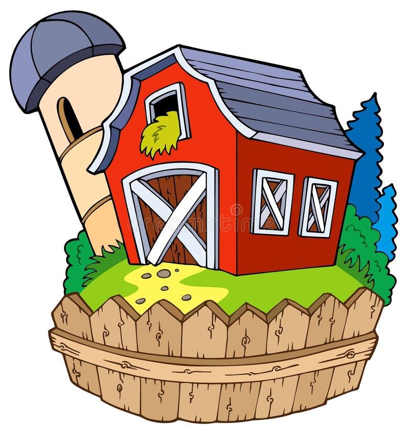Cartoon red barn with fence - illustration.