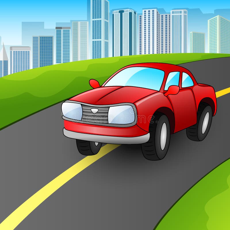 Cartoon Red Car on the Urban Highway Stock Vector Illustration of