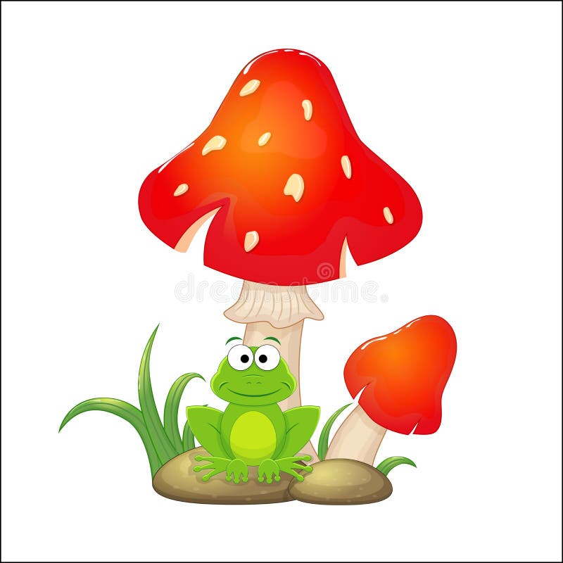 Cartoon red mushrooms with grass and stones and frogs sitting un
