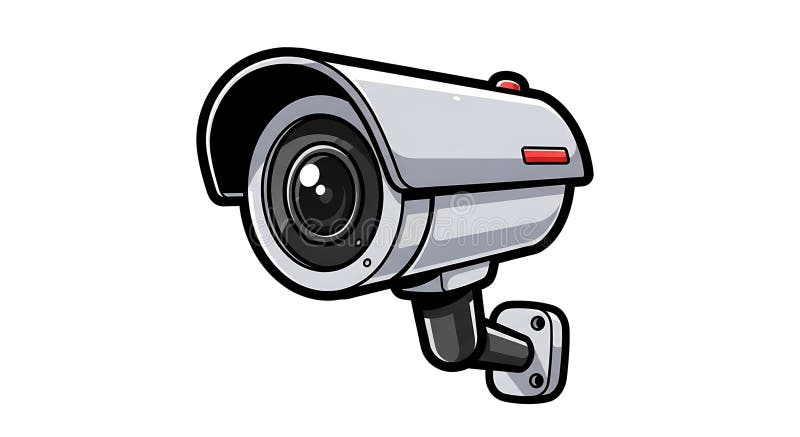 Cartoon rendering of a security camera with a white, gray and black color scheme. The camera is wall-mounted and has a red indicator light. Isolated, this image is suitable for design. Cartoon security camera vectors