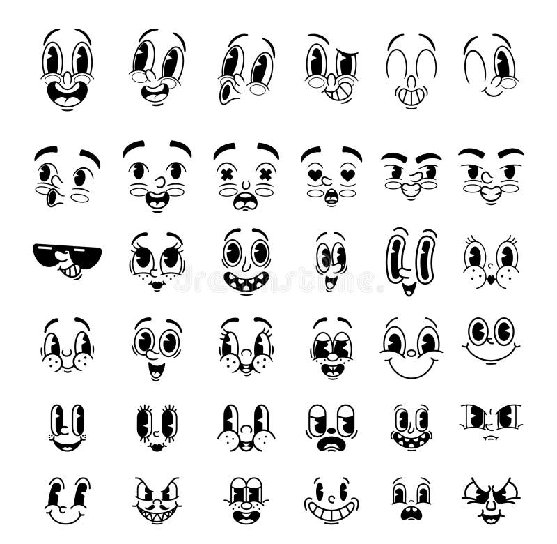 Cartoon Retro Emoji Vector Monochrome Set. Happy, Smile Whistle And Sad, Evil, Bored And Angry. Fall In Love, Smile vector illustration