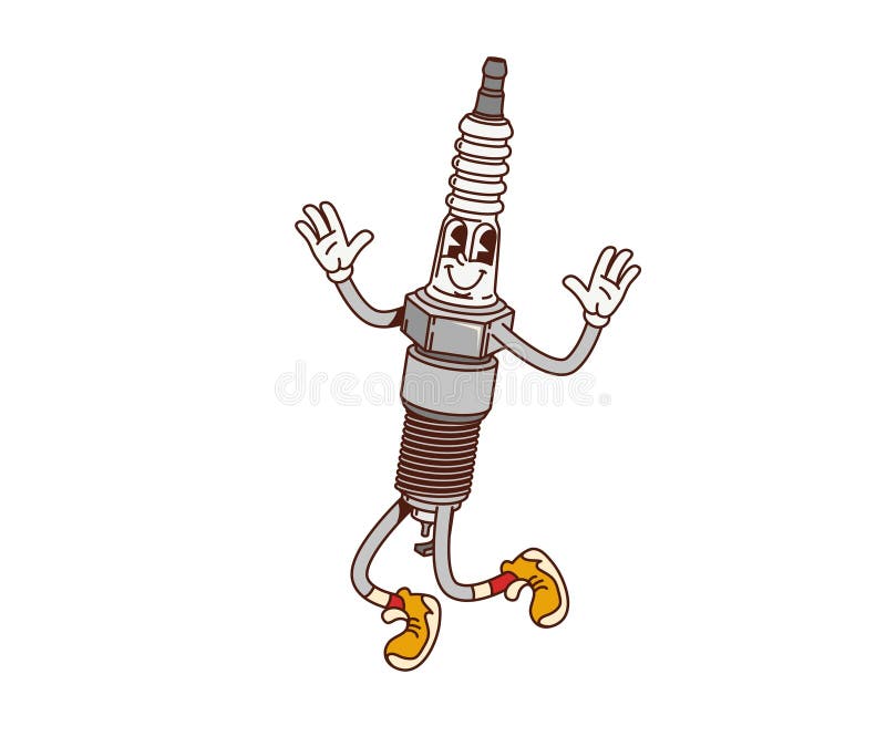 Cartoon retro groovy car spark plug character stock illustration