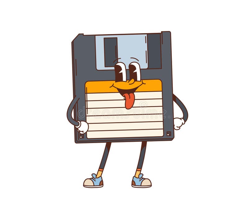 Cartoon retro groovy floppy disk funny character vector illustration