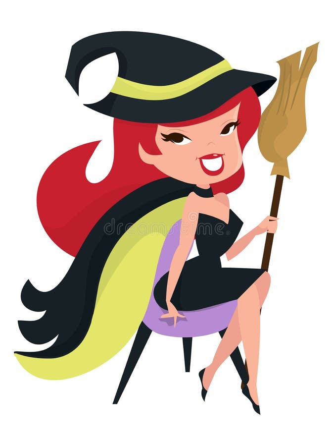 A cartoon vector illustration of a cute retro witch sitting down with a broomstick. A cartoon vector illustration of a cute retro witch sitting down with a broomstick.