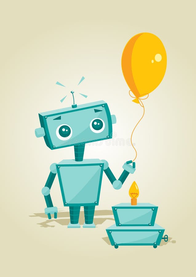 Cartoon robot with birthday cake