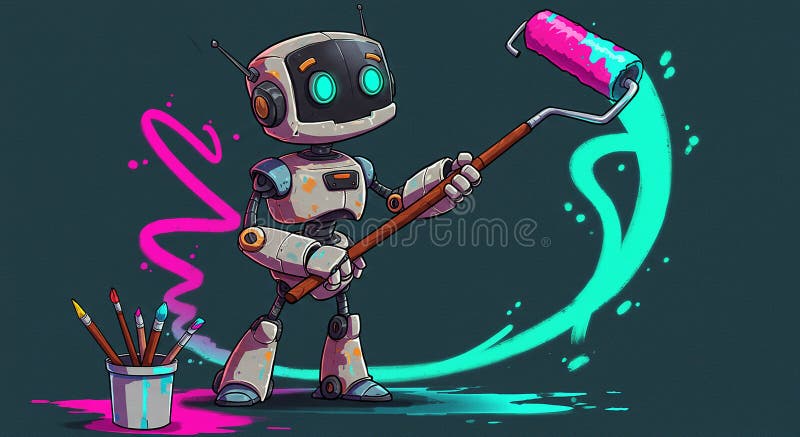 A cartoon robot with glowing cyan eyes and antennae holds a paint roller dripping royalty free illustration