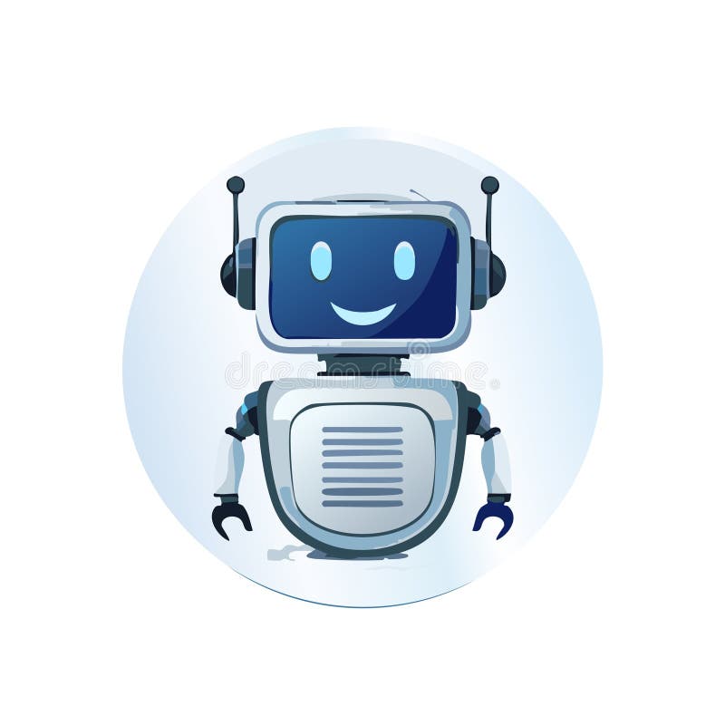 Cartoon robot smiling, technology concept, Artificial Intelligence, futuristic character in circle stock illustration