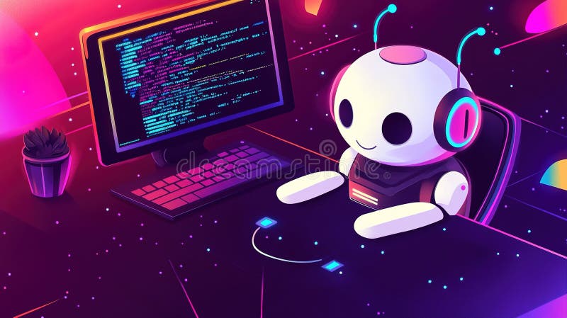 A cartoon robot working on a computer in a vibrant digital environment with colorful graphics and code on the stock illustration