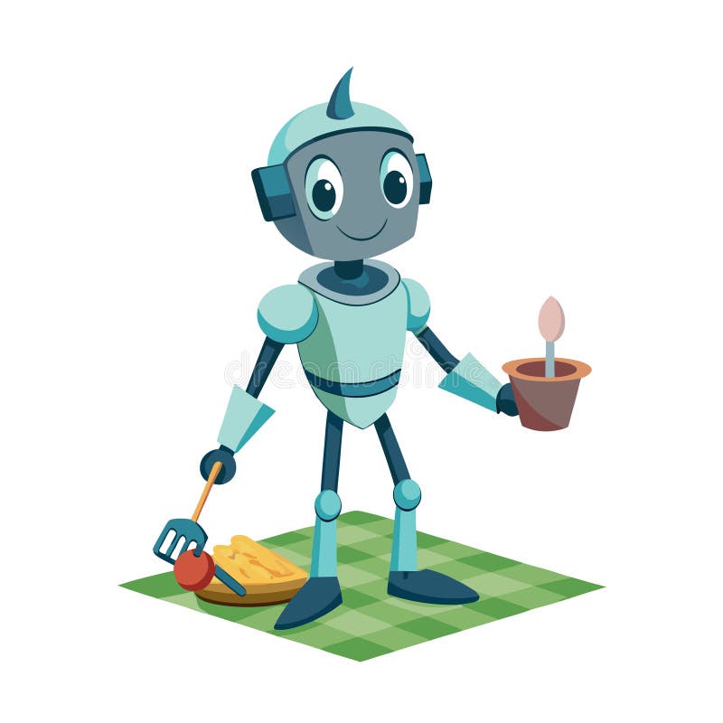 Cartoon-Roboter-Gärtner mit Pflanze und Werkzeugen auf kariertem Deckenhintergrund lizenzfreie abbildung