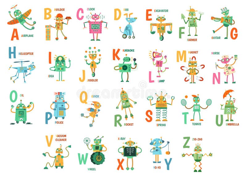 Cartoon Robots Alphabet. Funny Robot Characters, ABC Letters for Kids and Education Poster with Robotic Friend Mascots Stock Vector - Illustration of english, alphabetical: 171682429 Cartoon Robots Alphabet. Funny Robot Characters, ABC Letters for Kids and Education Poster with Robotic Friend Mascots Stock Vector - Illustration of english, alphabetical: 171682429