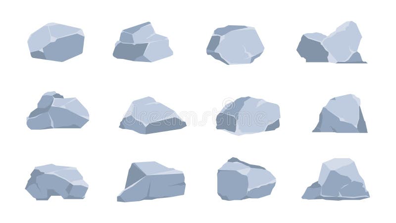 Cartoon rocks. Coal and gray stone, flat isometric 3D boulders and cliff of various shapes. Vector geometric polygonal