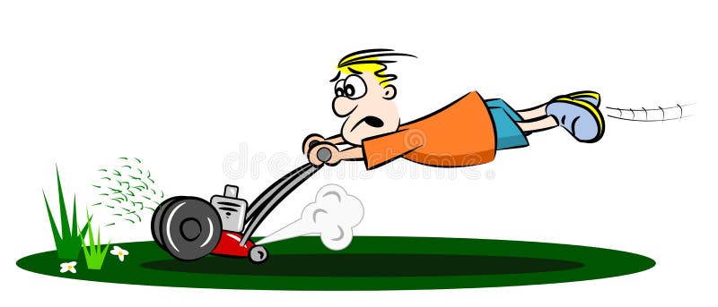 Un cartone animato ragazzo tagliare l'erba con una corsa di distanza tosaerba.