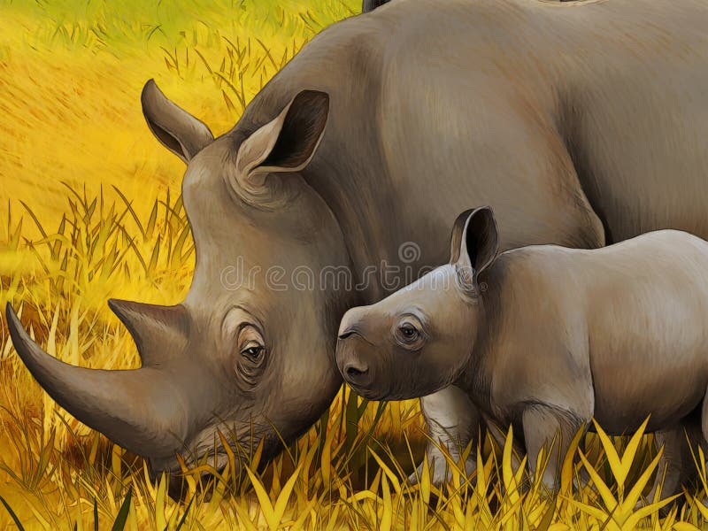 Cartoon Safari Scene with Rhino Rhinoceros on the Meadow Beautiful  Illustration for Children Stock Illustration - Illustration of cartoon,  beautiful: 167096026