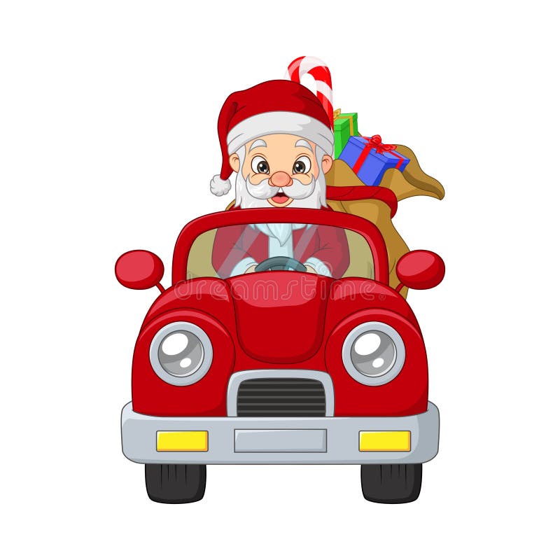 Der weihnachtsmann fährt ein rotes auto mit einem geschenk auf