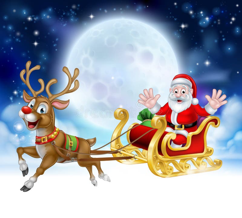 Cartoon Santa Reindeer Sleigh Christmas Scene Stock Vector