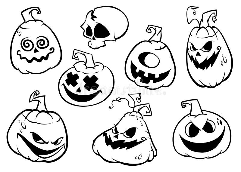 Cartoon scary Jack O\  Lantern pumpkins set outlined