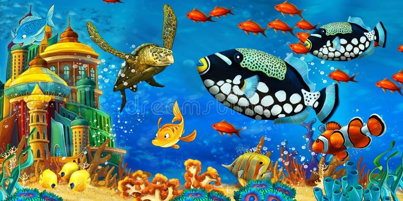 Cartoon Ocean and the Mermaid in Underwater Kingdom Swimming with Fishes -  Illustration Stock Illustration - Illustration of drawing, fish: 167239740